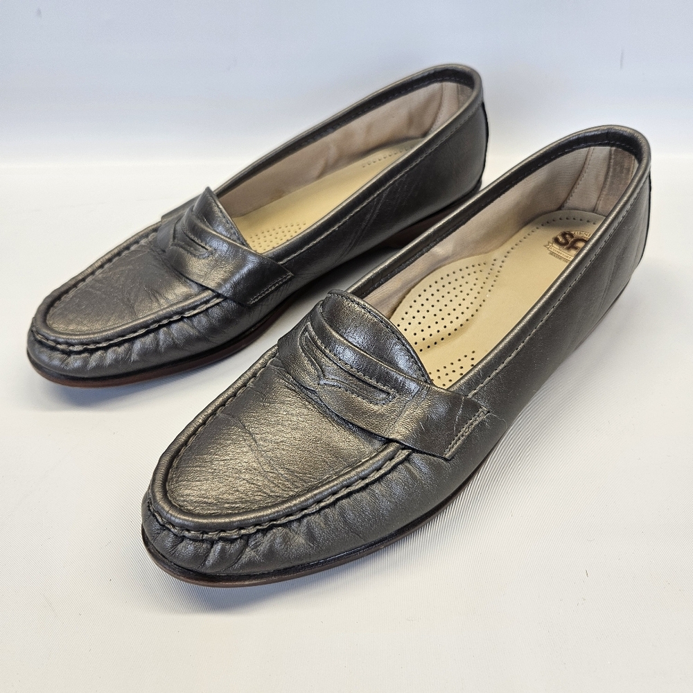 SAS Moccasin Penny Loafer Shoes Pewter Silver Gun Metal Comfort Womens 9.5